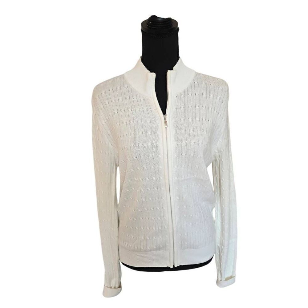 Astra Classic Womens White Cotton Cable Knit Full Zip Cardigan Sweater Small
